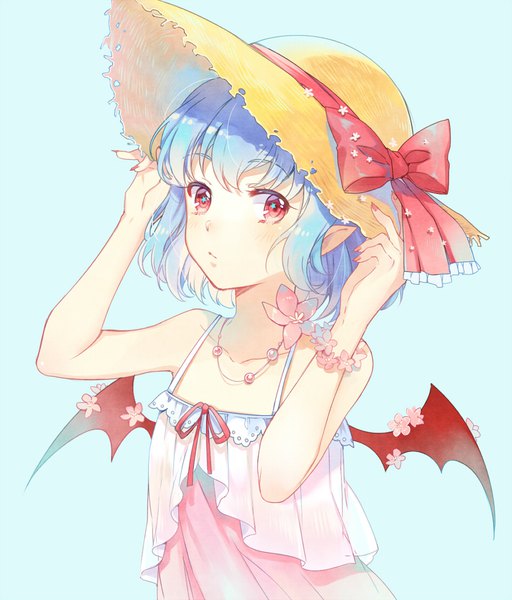 Anime picture 946x1107 with touhou remilia scarlet ekita xuan single tall image looking at viewer short hair simple background red eyes blue hair upper body pointy ears blue background bat wings adjusting hat casual girl hat wings straw hat