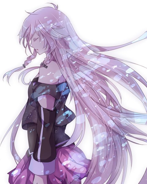 Anime picture 1024x1280 with vocaloid ia (vocaloid) matryoshka (borscht) single tall image fringe simple background hair between eyes standing white background bare shoulders pink hair braid (braids) eyes closed very long hair profile wind twin braids girl skirt
