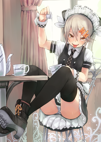 Anime picture 827x1169 with original usami taiga fu-ta single long hair tall image blush light erotic sitting twintails brown eyes bent knee (knees) white hair indoors maid crossed legs girl thighhighs uniform hair ornament