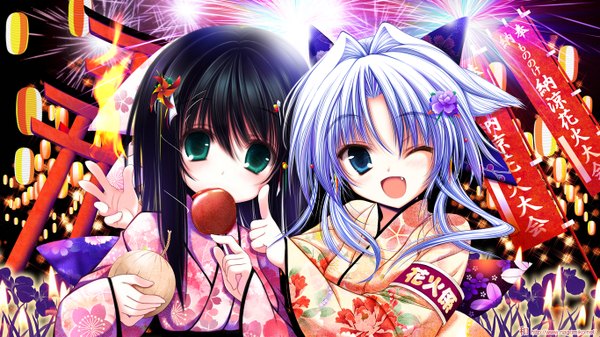 Anime picture 1366x768 with short hair open mouth blue eyes black hair wide image multiple girls green eyes blue hair one eye closed wink teeth loli fang (fangs) fireworks girl 2 girls food yukata candy apple