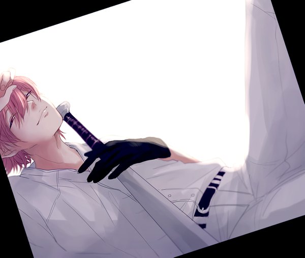 Anime picture 1349x1141 with daiya no ace production i.g kominato ryosuke tsubaki single looking at viewer fringe short hair smile hair between eyes white background pink hair pink eyes reclining boy uniform single glove baseball bat baseball uniform