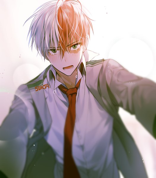 Anime picture 700x800 with boku no hero academia studio bones todoroki shouto sorolp single tall image looking at viewer blush fringe short hair open mouth simple background hair between eyes white background green eyes signed white hair multicolored hair blurry orange hair