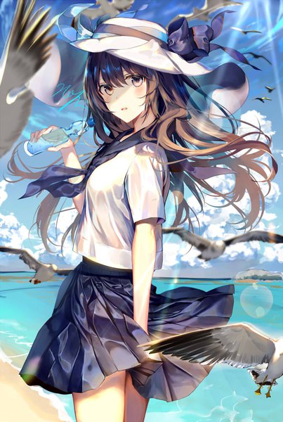 Anime picture 672x1000 with original kouyafu single long hair tall image looking at viewer blush fringe open mouth hair between eyes brown hair standing holding brown eyes signed sky cloud (clouds) outdoors pleated skirt wind