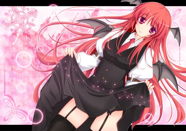Anime picture 1600x1131 with touhou koakuma fule single long hair light erotic red eyes red hair head wings girl thighhighs skirt black thighhighs wings skirt set
