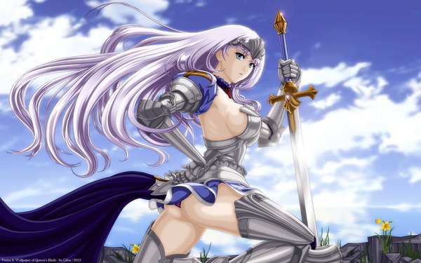 Anime picture 2560x1600 with queen's blade annelotte single long hair highres blue eyes light erotic wide image purple hair cloud (clouds) girl weapon sword armor