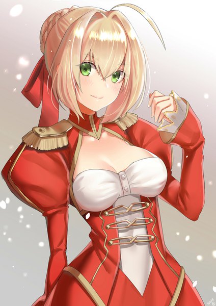 Anime picture 2480x3508 with fate (series) fate/extra nero claudius (fate) (all) nero claudius (fate) hieung single tall image looking at viewer blush fringe highres short hair breasts blonde hair smile hair between eyes green eyes cleavage upper body ahoge