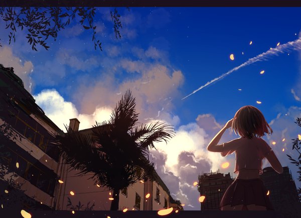 Anime picture 1654x1200 with original byakuya reki single short hair brown hair standing sky cloud (clouds) outdoors pleated skirt from behind from below short sleeves midriff adjusting hair letterboxed girl skirt plant (plants) miniskirt