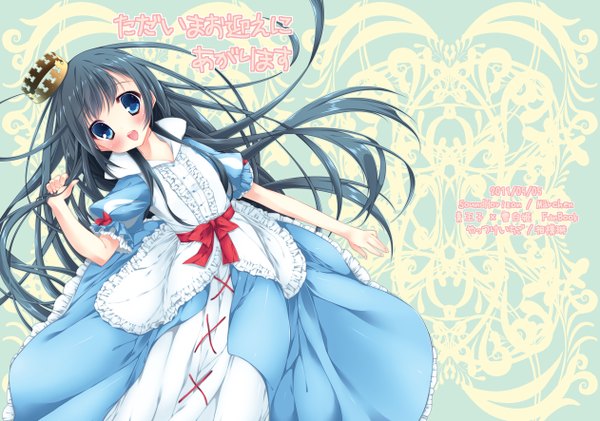 Anime picture 1261x886 with sound horizon schneewittchen sagami rin long hair blush open mouth blue eyes black hair lying loli hieroglyph girl dress belt crown