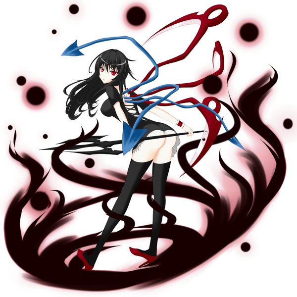 Anime picture 2000x2000 with touhou houjuu nue gmot single long hair highres light erotic black hair red eyes ass girl thighhighs black thighhighs wings trident