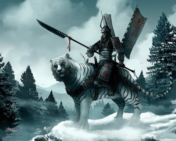 Anime picture 1280x1024 with ceiron wars kerembeyit single sky cloud (clouds) hieroglyph winter snow fog riding samurai weapon animal tree (trees) armor bird (birds) forest helmet banner tiger