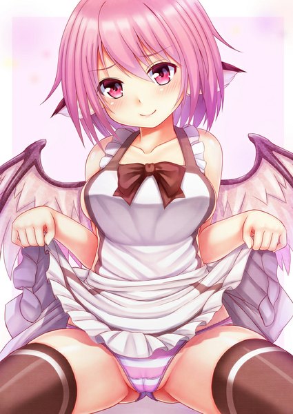 Anime picture 708x1000 with touhou mystia lorelei ebi 193 single tall image looking at viewer blush short hair breasts light erotic smile large breasts bare shoulders animal ears pink hair pink eyes spread legs cameltoe skirt lift lace-trimmed panties