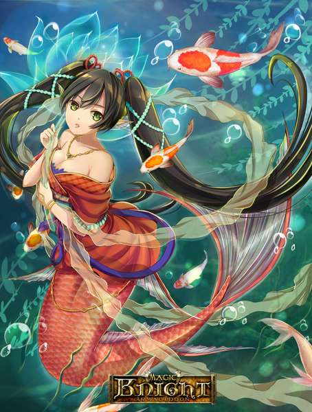 Anime picture 800x1056 with magic knight armageddon sammi hisame single tall image black hair twintails bare shoulders green eyes tail very long hair traditional clothes inscription underwater fish tail girl animal belt jewelry necklace bubble (bubbles)