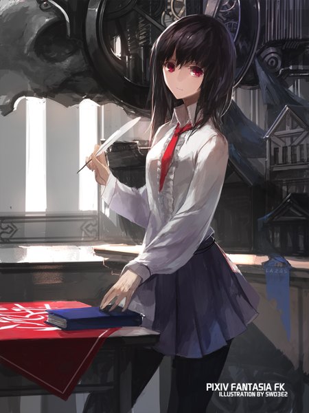 Anime picture 1134x1512 with original pixiv fantasia pixiv fantasia fallen kings paradise (character) swd3e2 single long hair tall image looking at viewer black hair red eyes holding watermark plaid skirt girl skirt miniskirt shirt pantyhose book (books)