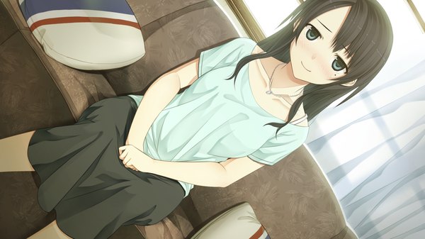 Anime picture 2560x1440 with monobeno cura single long hair blush highres blue eyes black hair wide image sitting game cg light smile girl skirt couch