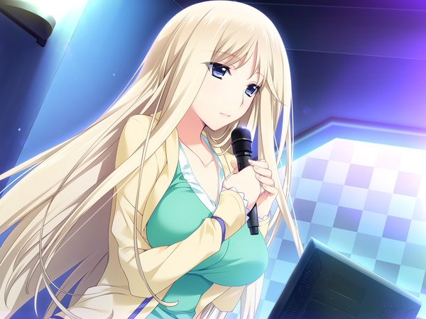 Anime picture 1922x1442 with lovely x cation 2 hibiki works yoshinoya seine iizuki tasuku single long hair highres blue eyes blonde hair game cg girl dress microphone