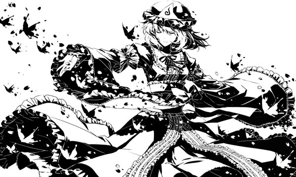 Anime picture 1000x600 with touhou saigyouji yuyuko rella single short hair simple background smile wide image white background eyes closed monochrome spread arms girl dress insect butterfly bonnet