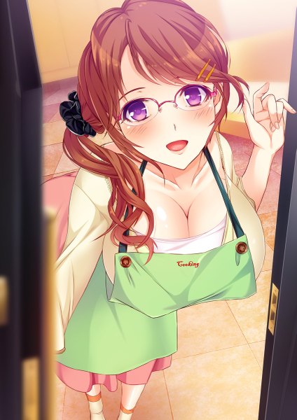 Anime picture 849x1200 with original mame shitogi single long hair tall image looking at viewer blush breasts open mouth light erotic brown hair large breasts purple eyes cleavage girl dress glasses apron