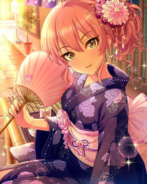 Anime picture 640x800 with idolmaster idolmaster cinderella girls jougasaki mika annindoufu (oicon) single long hair tall image fringe smile sitting yellow eyes pink hair nail polish traditional clothes parted lips japanese clothes hair flower fingernails sunlight floral print