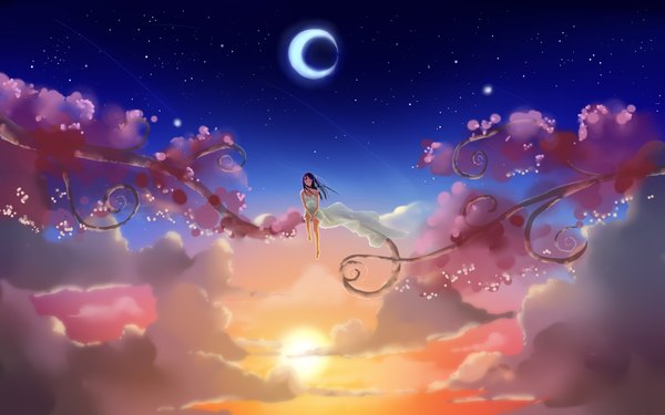 Anime picture 4000x2501 with original chibionpu single long hair highres black hair wide image absurdres cloud (clouds) barefoot girl dress moon star (stars) sun