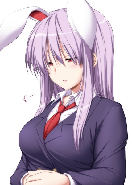 Anime picture 1488x2088 with touhou reisen udongein inaba nori tamago single long hair tall image fringe simple background hair between eyes red eyes white background animal ears looking away purple hair upper body parted lips bunny ears bunny girl girl necktie