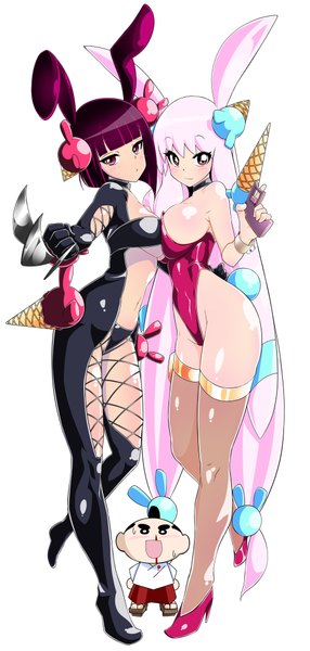 Anime picture 2000x4194 with original nikupizzau tall image looking at viewer blush highres short hair breasts light erotic large breasts white background multiple girls pink hair very long hair pink eyes girl thighhighs navel weapon 2 girls