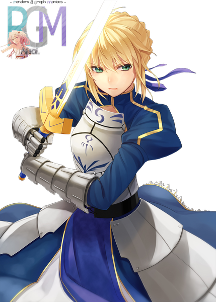 Anime picture 1000x1399 with fate (series) fate/stay night studio deen type-moon artoria pendragon (all) saber prime single tall image fringe short hair blonde hair hair between eyes holding green eyes looking away ahoge aqua hair puffy sleeves watermark