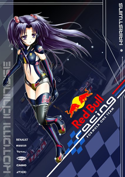 Anime picture 708x1000 with clannad key (studio) red bull ichinose kotomi kairistwins single long hair tall image open mouth light erotic purple eyes purple hair inscription bare belly girl navel hair ornament hair tie hair bobbles