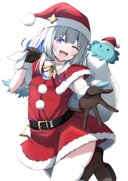 Anime picture 2894x4093 with virtual youtuber hololive amane kanata upao (amane kanata) kamesys single long hair tall image highres open mouth simple background white background purple eyes one eye closed grey hair christmas ;d outstretched hand girl thighhighs