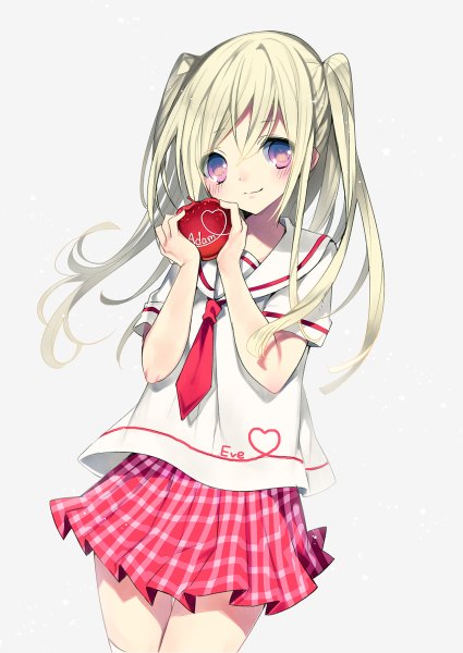 Anime picture 850x1200 with rugo single long hair tall image looking at viewer blush simple background blonde hair standing white background pleated skirt pink eyes two side up plaid skirt valentine heart of string girl thighhighs skirt uniform