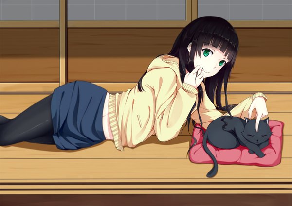 Anime picture 1414x1000 with flying witch j.c. staff kowata makoto rainyhacker single long hair looking at viewer fringe black hair smile green eyes lying blunt bangs eyes closed finger to mouth on stomach sleeping girl animal pantyhose