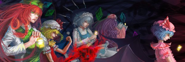 Anime picture 3474x1181 with touhou flandre scarlet remilia scarlet izayoi sakuya patchouli knowledge hong meiling cmy long hair highres short hair breasts open mouth blonde hair smile red eyes wide image multiple girls green eyes blue hair purple hair