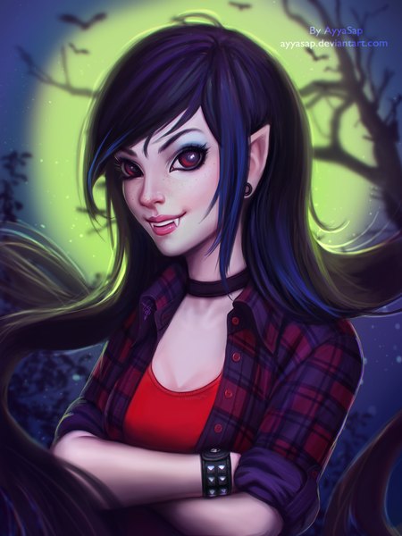Anime picture 1536x2048 with adventure time marceline (adventure time) ayyasap single tall image looking at viewer red eyes blue hair very long hair lips pointy ears realistic teeth fang (fangs) freckles girl shirt bracelet spiked bracelet