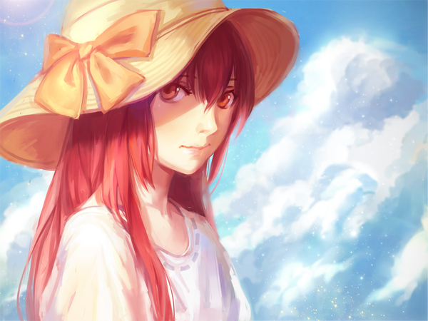 Anime picture 800x600 with free! kyoto animation matsuoka gou achyue single long hair looking at viewer fringe red eyes pink hair sky cloud (clouds) sunlight close-up girl bow hat straw hat hat ribbon