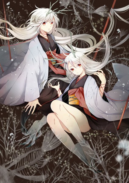 Anime picture 800x1131 with original kanasuke long hair tall image looking at viewer fringe red eyes multiple girls white hair traditional clothes japanese clothes horn (horns) wind bare legs no shoes pale skin oni horns skeleton bone (bones) girl