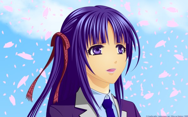 Anime picture 2560x1600 with hiiro no kakera single fringe highres open mouth simple background wide image purple eyes looking away sky purple hair cloud (clouds) lips close-up blue background girl ribbon (ribbons) hair ribbon shirt petals