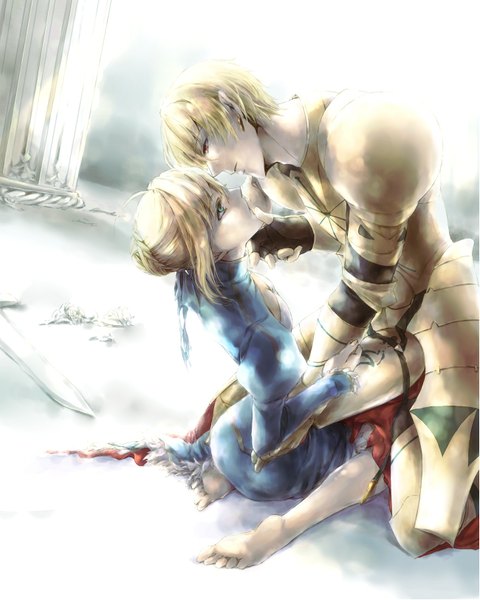 Anime picture 1299x1623 with fate (series) fate/stay night studio deen type-moon artoria pendragon (all) saber gilgamesh (fate) hisako (artist) tall image fringe short hair blue eyes blonde hair red eyes barefoot snow eye contact almost kiss girl dress