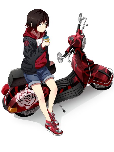 Anime picture 1800x2400 with rwby rooster teeth ruby rose kurohane single tall image fringe highres short hair simple background hair between eyes brown hair white background sitting looking away red hair multicolored hair arm support bare legs silver eyes