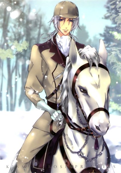 Anime picture 1125x1600 with barajou no kiss tenjou mitsuru tagme (artist) tall image short hair blue eyes blonde hair silver hair inscription snowing winter snow riding boy gloves plant (plants) animal tree (trees) chain forest
