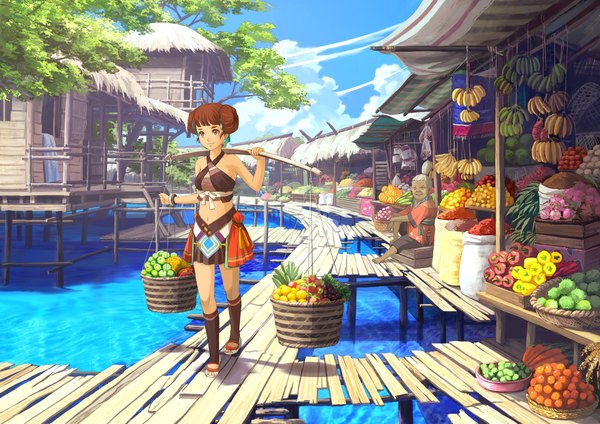 Anime picture 1969x1392 with original harupy highres short hair brown hair multiple girls brown eyes sky cloud (clouds) solo focus old woman tropical girl 2 girls plant (plants) tree (trees) water fruit house shop