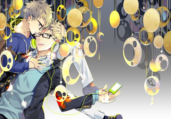 Anime picture 1300x904 with haikyuu!! production i.g tsukishima kei short hair blonde hair sitting holding yellow eyes lying profile grey background multiple boys hug reclining face to face twins crescent boy shirt glasses