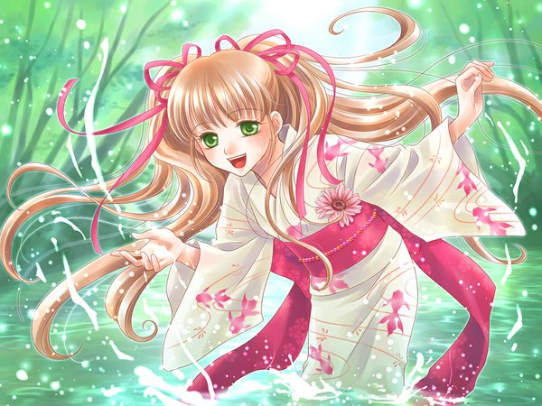 Anime picture 1024x768 with original yoshino run single long hair looking at viewer open mouth brown hair twintails green eyes japanese clothes wet nature girl flower (flowers) ribbon (ribbons) hair ribbon water kimono
