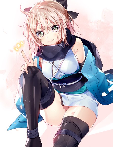 Anime picture 1147x1499 with fate (series) koha-ace okita souji (fate) (all) okita souji (koha-ace) murakami yuichi single tall image fringe short hair light erotic blonde hair simple background smile hair between eyes sitting yellow eyes looking away ahoge bent knee (knees) traditional clothes