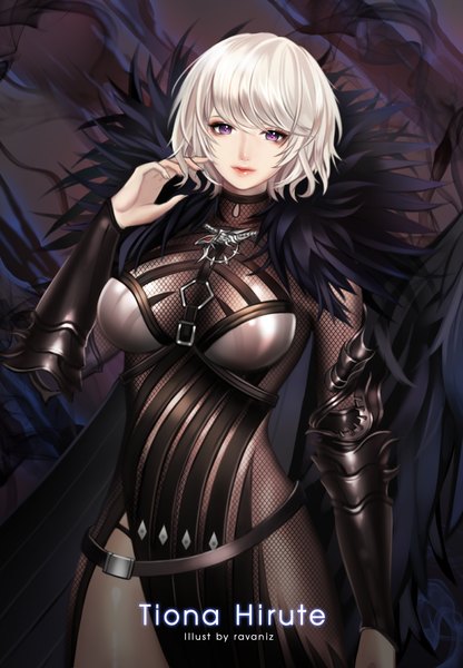 Anime picture 964x1390 with blade & soul tiona hirute ravaniz single tall image looking at viewer short hair breasts purple eyes white hair dark background girl dress armor