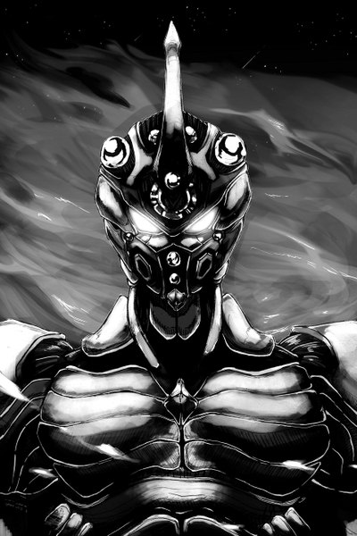 Anime picture 875x1313 with guyver guyver i aiuke (vega) single tall image looking at viewer standing horn (horns) monochrome smoke boy armor