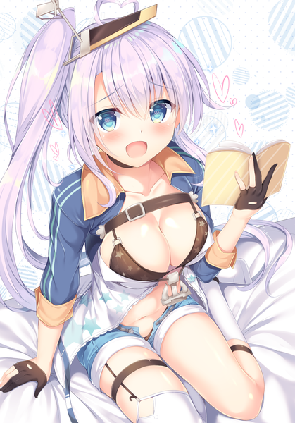 Anime picture 1221x1747 with azur lane portland (azur lane) tomoo (tomo) single long hair tall image looking at viewer blush fringe breasts open mouth blue eyes light erotic hair between eyes large breasts sitting cleavage purple hair ahoge arm support