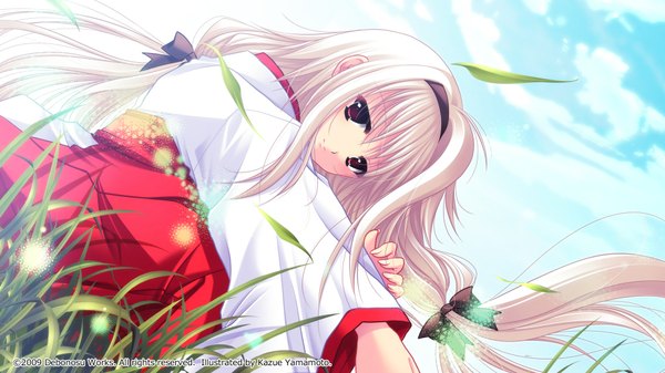 Anime picture 1920x1080 with yamamoto kazue highres blonde hair red eyes wide image traditional clothes japanese clothes miko girl hakama