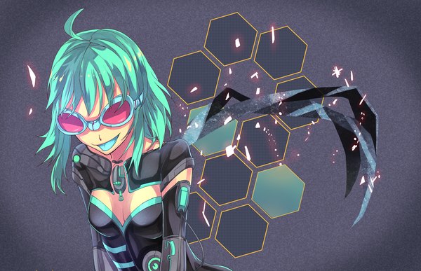 Anime picture 2900x1875 with vocaloid gumi tomaeda (bravered) single highres short hair simple background ahoge aqua hair girl tongue bodysuit goggles
