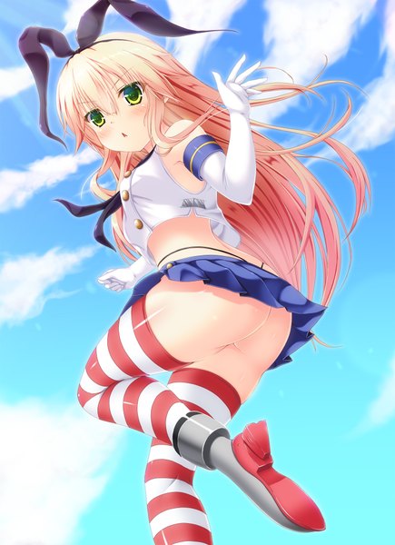 Anime picture 1450x2000 with kantai collection shimakaze destroyer hiro (725611) single long hair tall image blush light erotic blonde hair green eyes sky cloud (clouds) ass girl thighhighs gloves bow hair bow miniskirt elbow gloves