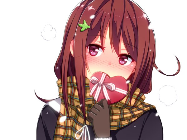 Anime picture 1500x1125 with original ginichi (toot08) single long hair looking at viewer blush brown hair white background purple eyes valentine girl heart scarf gift
