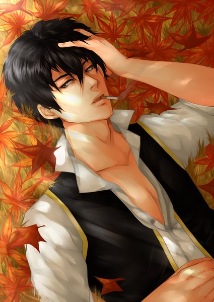 Anime picture 1062x1500 with gintama sunrise (studio) hijikata toshiro antique-teacup single tall image short hair black hair lying grey eyes mouth hold adjusting hair partially open clothes smoking autumn boy leaf (leaves) vest cigarette autumn leaves